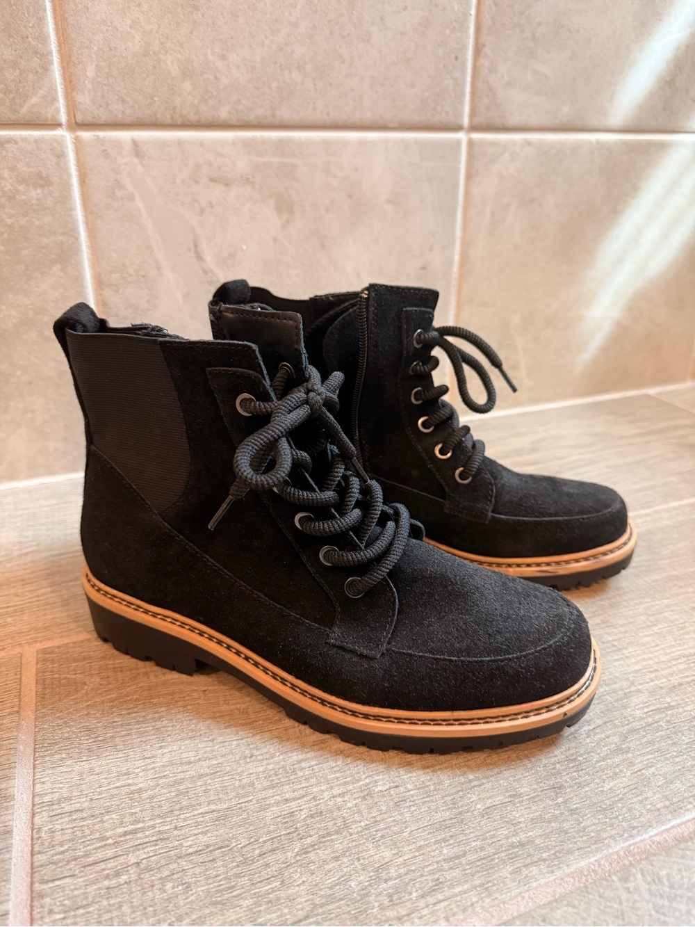 Crown Vintage Black Suede Lace-Up Ankle Boots with Tan Welt